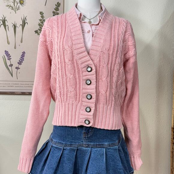 Vintage 90s Y2k Pink Cable Knit Cardigan Sweater Coquette Dolly Dollette S M - Picture 2 of 8